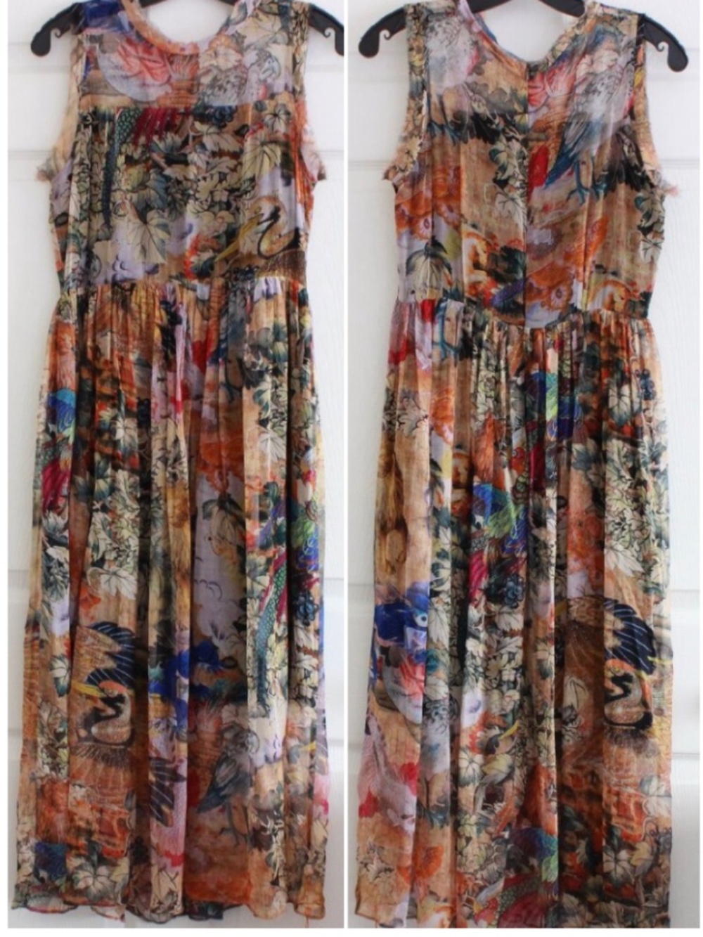 Vintage Silk Ethereal Scenic Bird Print Maxi Dress